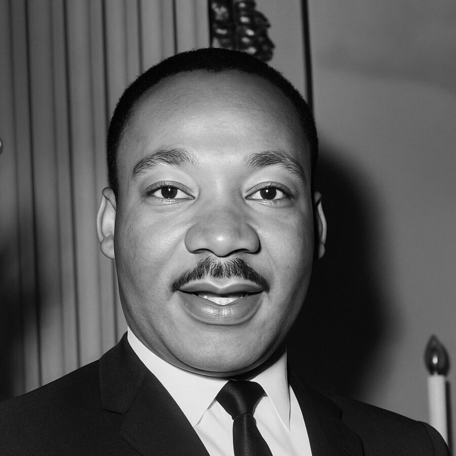 Ritratto in bianco e nero di Martin Luther King Jr., leader del movimento per i diritti civili negli Stati Uniti, celebre per il suo discorso “I Have a Dream” e per le sue frasi su libertà, uguaglianza e nonviolenza – Il Meglio dei Libri