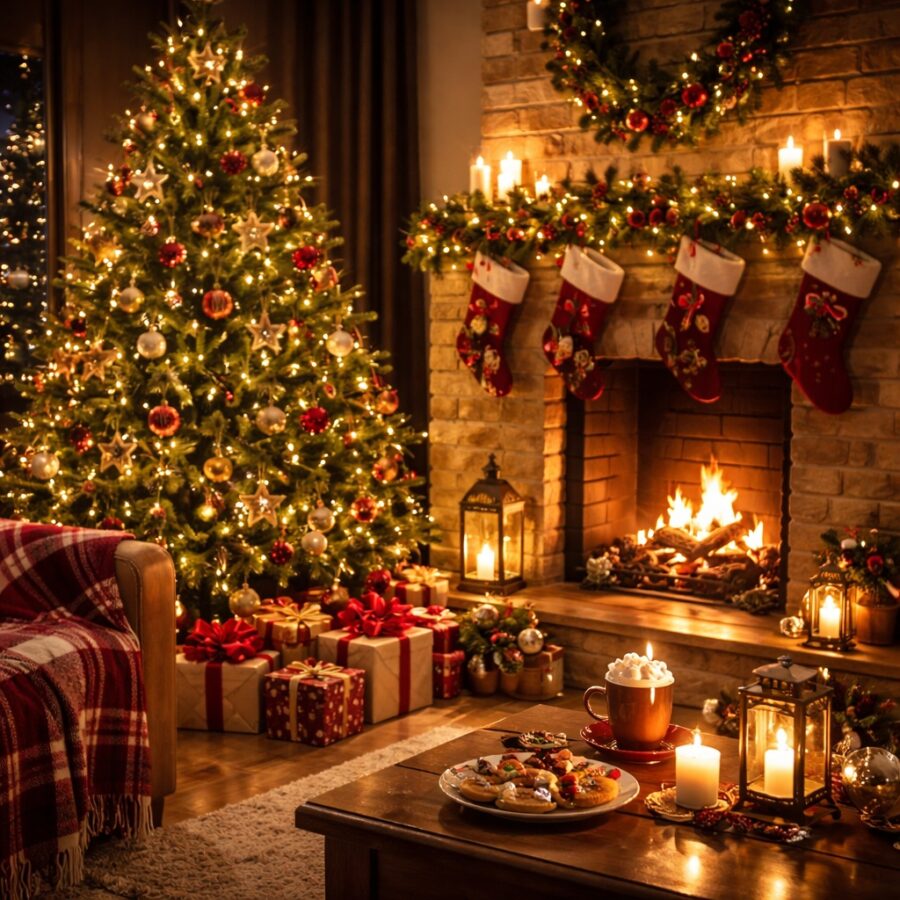 Ritratto di una scena natalizia calda e accogliente, con luci soffuse e atmosfera intima che richiama il significato profondo del Natale – Il Meglio dei Libri