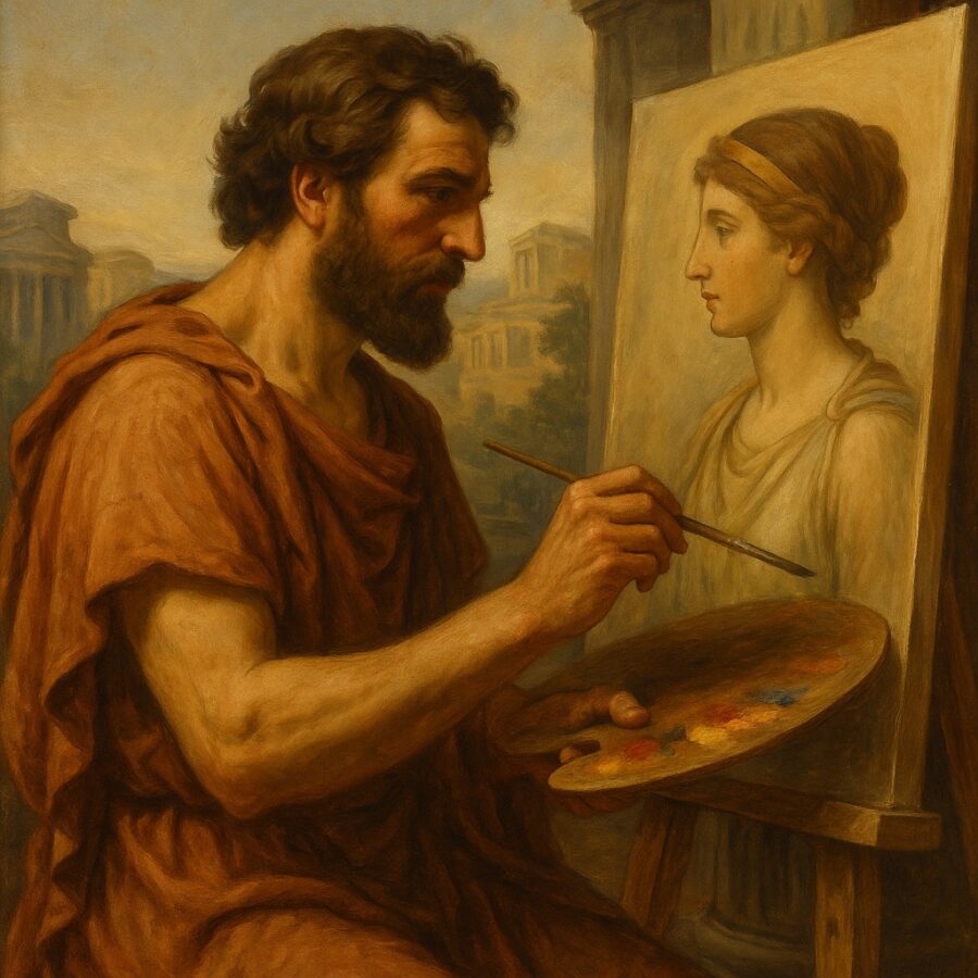 Apelle dipinge un quadro in una piazza dell’antica Grecia