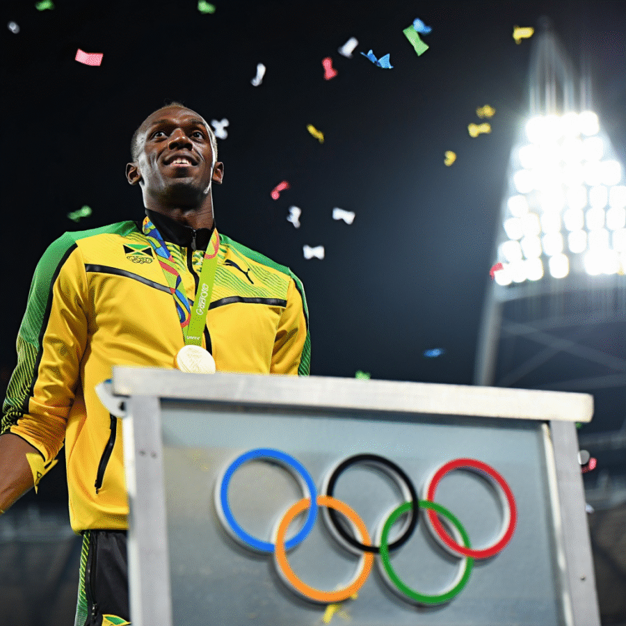 Bolt sul podio con la medaglia d’oro al collo e il sorriso di chi ha vinto la sua battaglia personale.