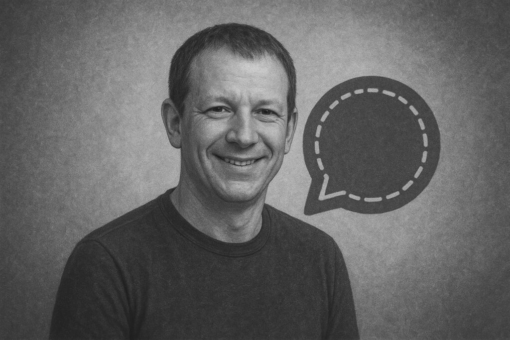 Brian Acton con logo Signal sullo sfondo