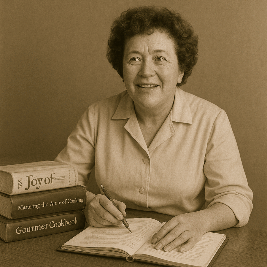 Julia Child con libri di cucina e quaderno di appunti aperto.
