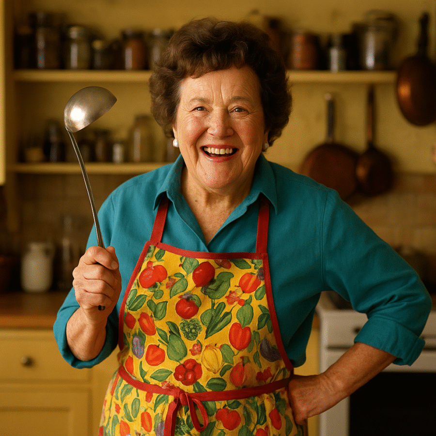 Julia Child sorridente in cucina, grembiule colorato, mentre tiene in mano un mestolo