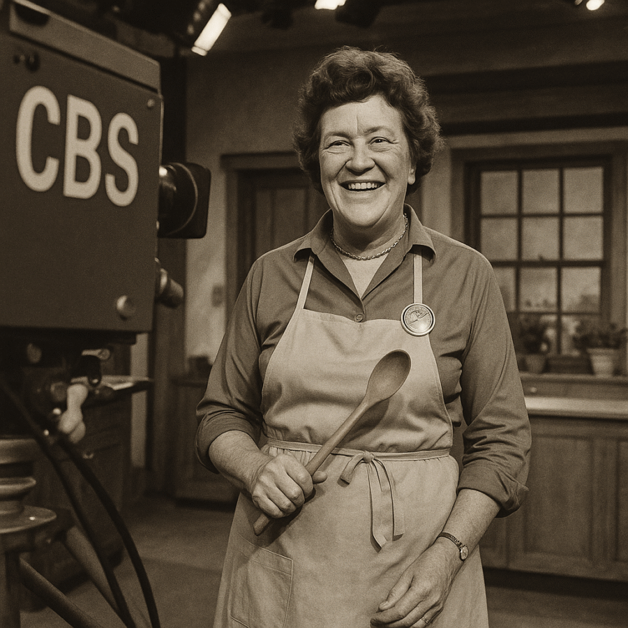 Julia Child davanti alle telecamere, grembiule e mestolo in mano, sorridente