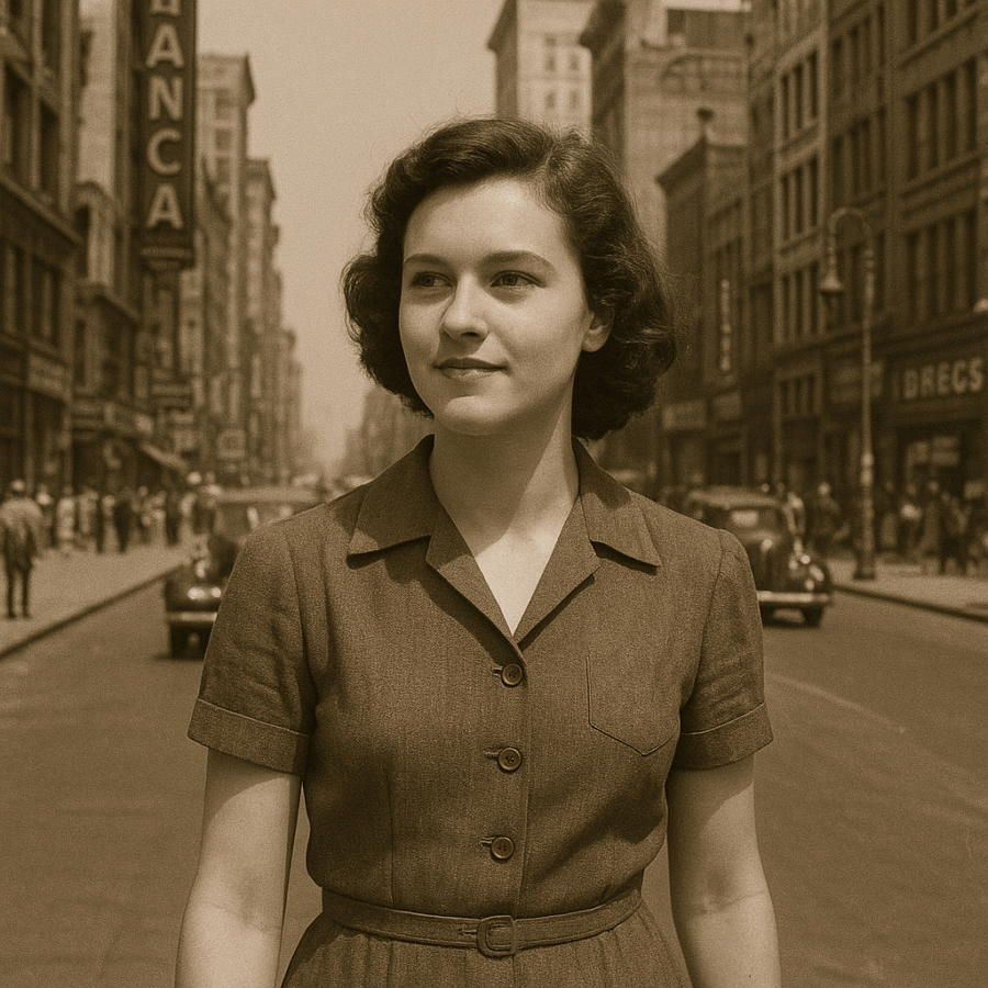 una città americana negli anni ’40 e Julia giovane, simbolo di vita ordinaria