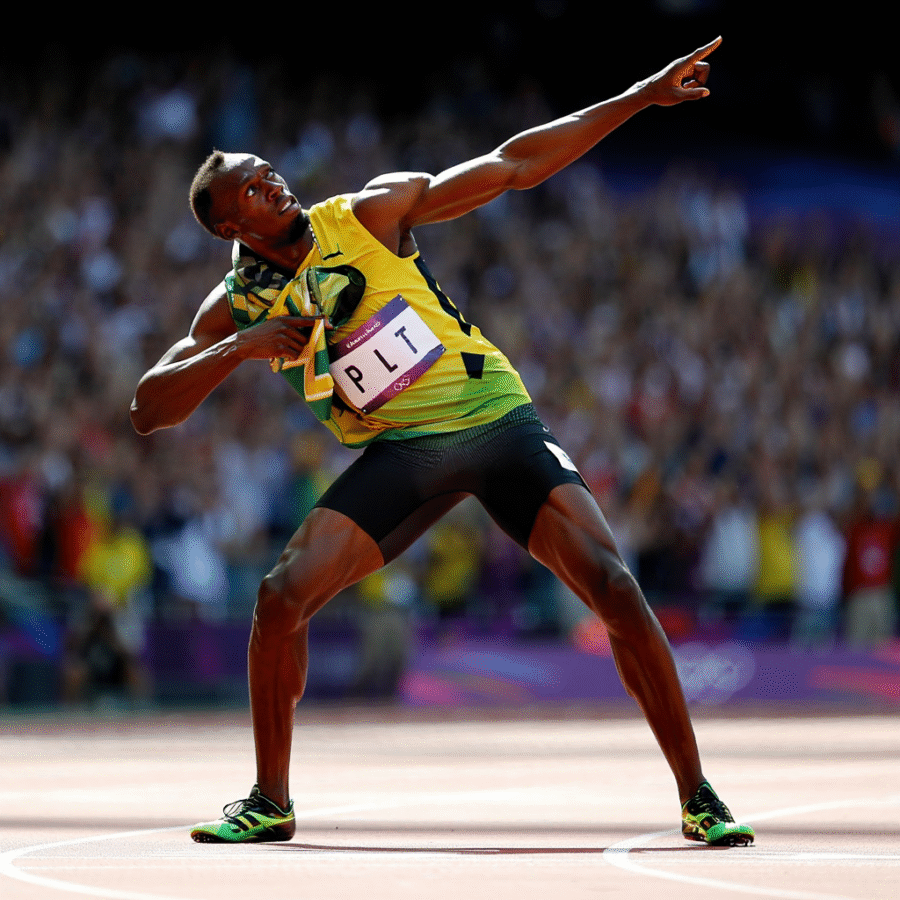 Usain Bolt che festeggia al traguardo con la celebre posa della “freccia”