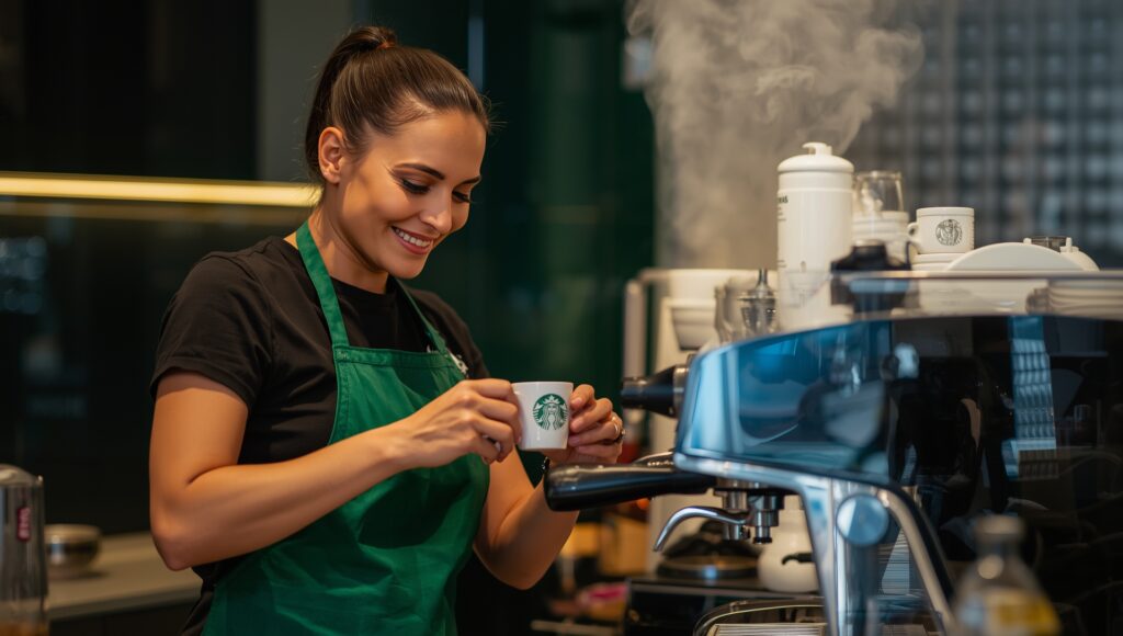 Barista Starbucks prepara un espresso perfetto, simbolo della rinascita del brand.