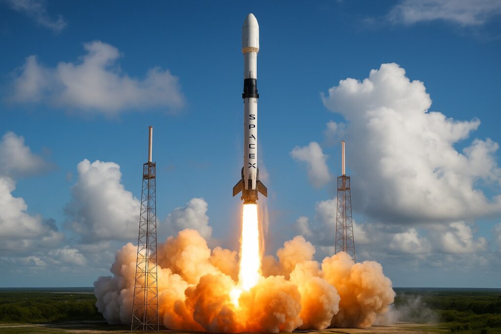 Razzo Falcon 9 di SpaceX mentre decolla, simbolo della visione futuristica di Musk.