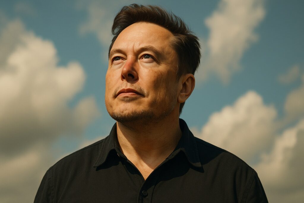 Elon Musk guarda in alto, simbolo di visione e determinazione.