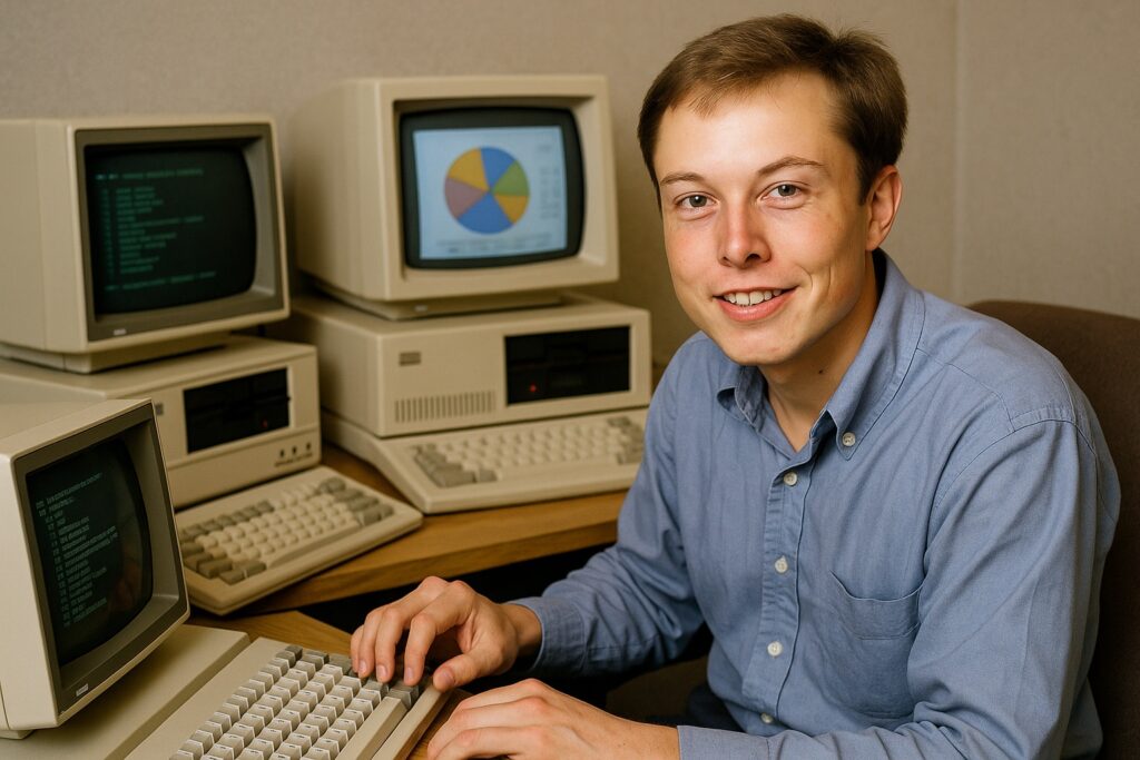 Elon Musk da giovane davanti a un computer, immerso nella programmazione.
