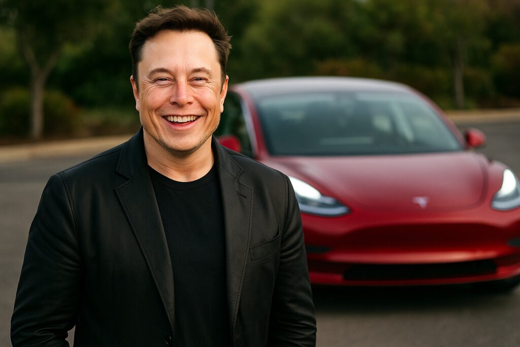 Elon Musk davanti a una Tesla, simbolo di innovazione e ispirazione.