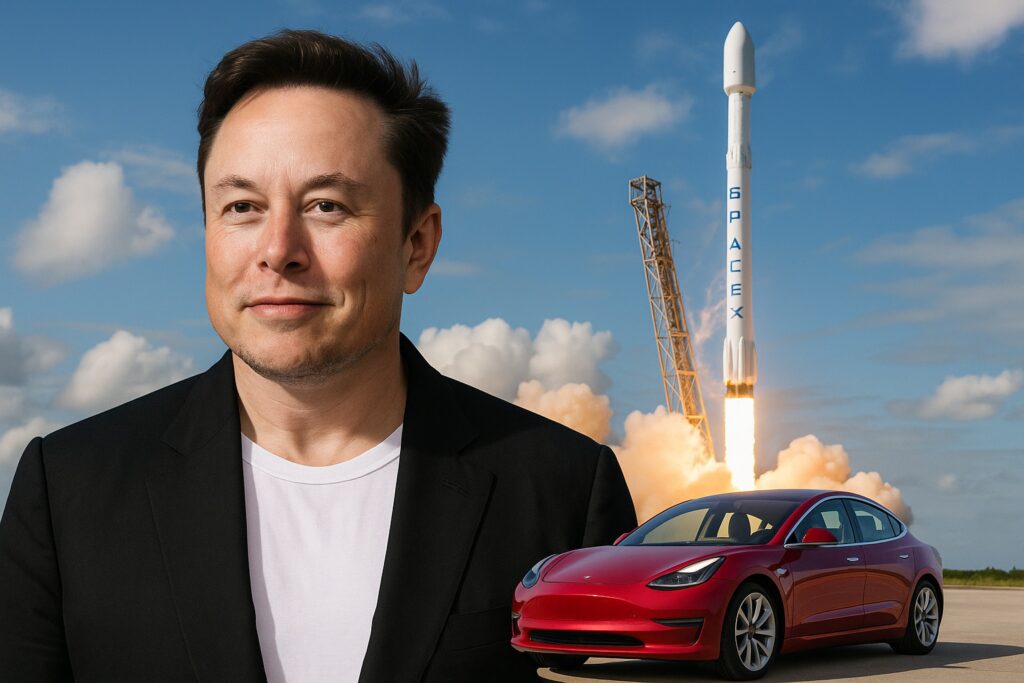 Montaggio simbolico di Elon Musk con Tesla e SpaceX, emblema della sua eredità.