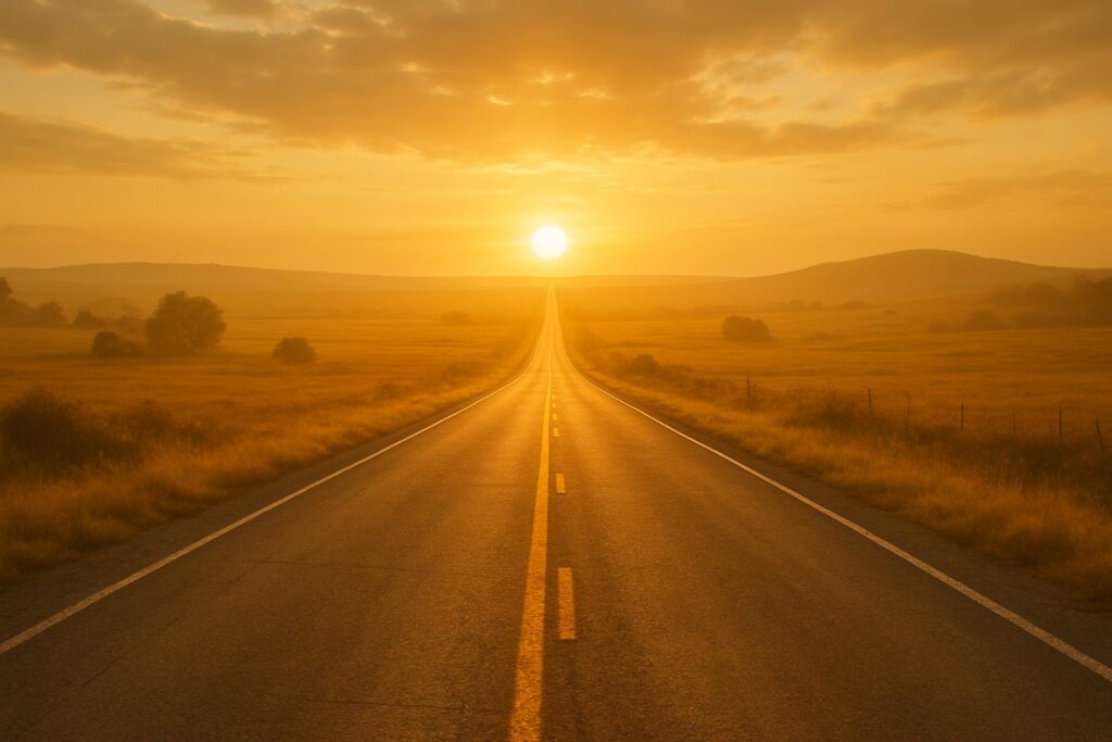 Strada che conduce verso una luce dorata, simbolo di compimento e direzione
