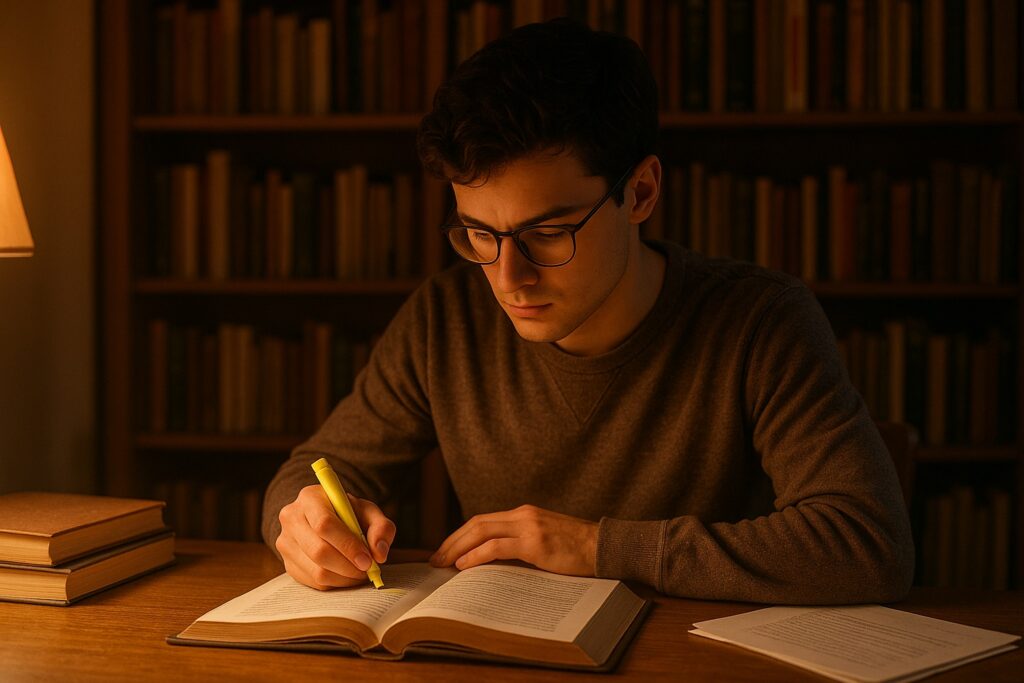 Persona che studia su un libro con appunti ed evidenziatore
