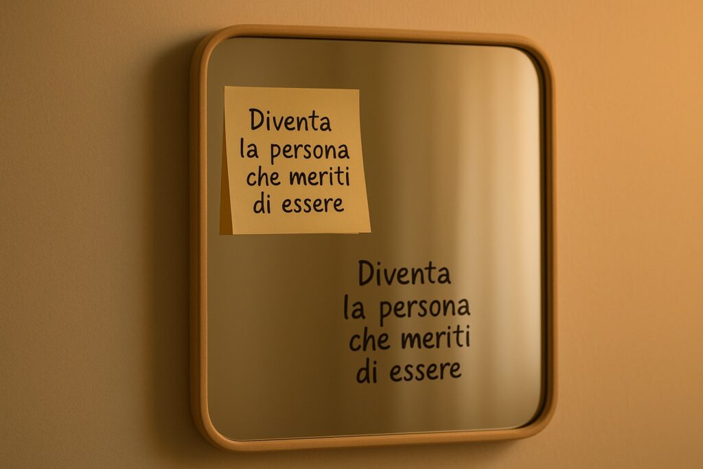 Specchio con un post-it motivazionale, simbolo di identità e mindset