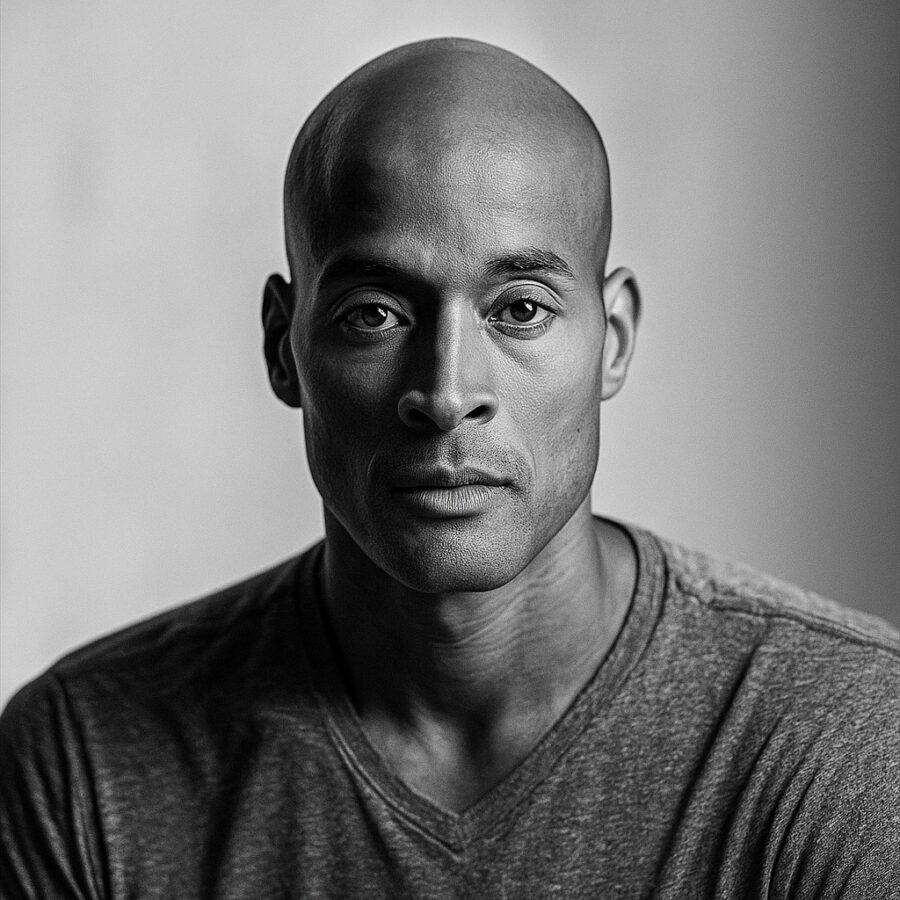 Ritratto in bianco e nero di David Goggins, ex Navy SEAL e autore motivazionale, noto per le sue frasi su resilienza, disciplina estrema e forza mentale – Il Meglio dei Libri