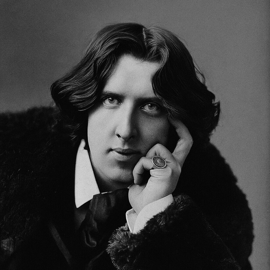 Ritratto in bianco e nero di Oscar Wilde, scrittore e poeta irlandese, celebre per la sua ironia e le sue frasi sull’arte, l’amore e la verità – Il Meglio dei Libri