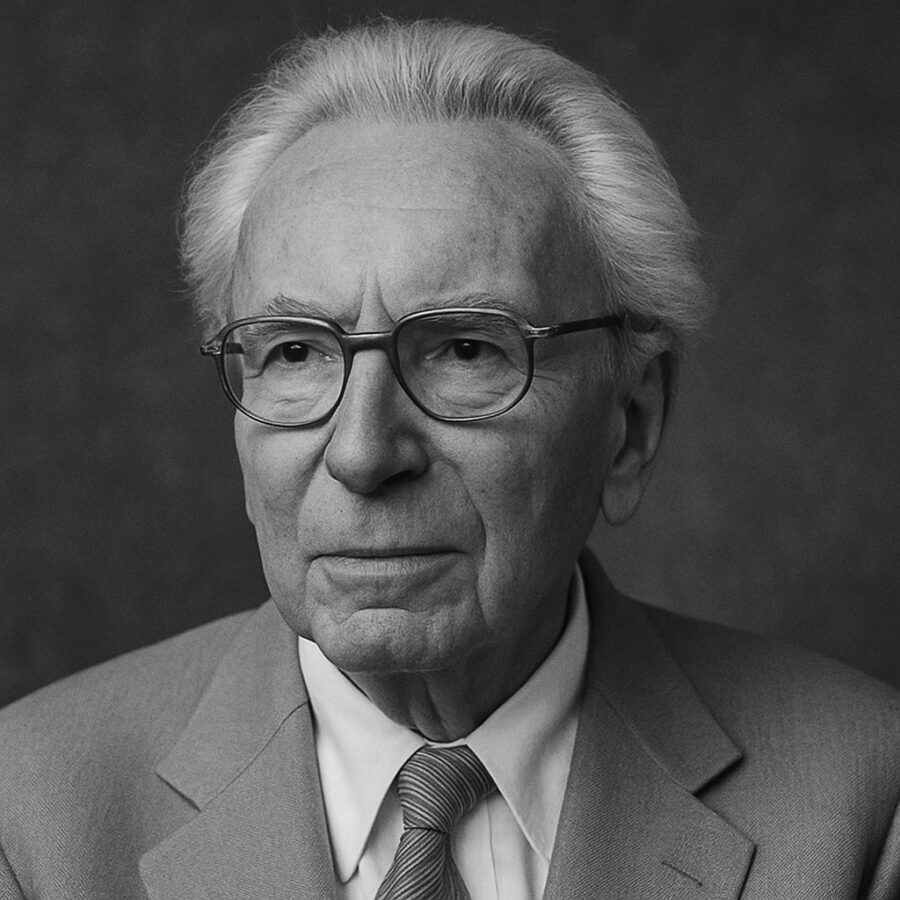 Ritratto in bianco e nero di Viktor Frankl, psichiatra e neurologo austriaco, sopravvissuto all’Olocausto e autore de L’uomo in cerca di senso, celebre per le sue frasi sul significato della vita, la resilienza e la libertà interiore – Il Meglio dei Libri