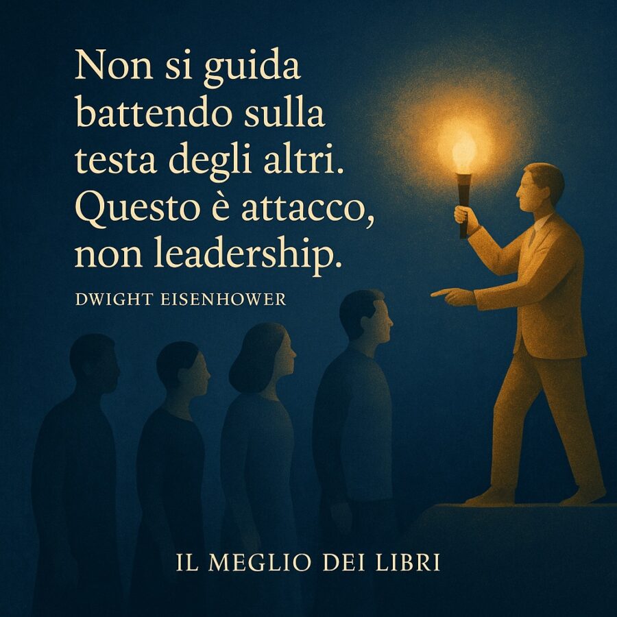 Figura che guida altre persone con una luce calda, simbolo di leadership positiva e rispetto, con la frase di Dwight Eisenhower – Il Meglio dei Libri