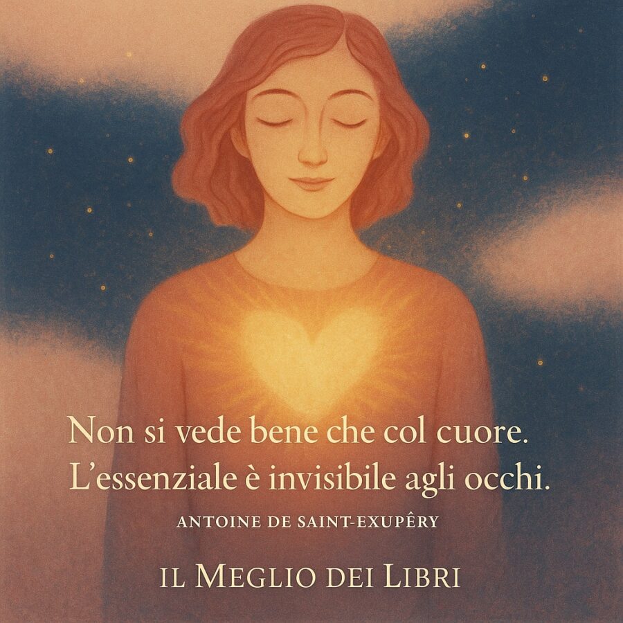 Figura con gli occhi chiusi illuminata da una luce calda che emana dal petto, simbolo di visione del cuore e intuizione, con la frase di Antoine de Saint-Exupéry.