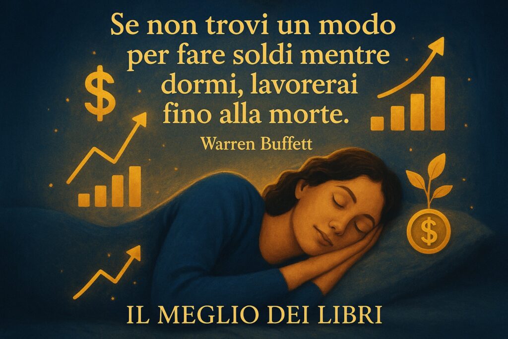 Rappresentazione artistica della libertà finanziaria: una figura rilassata che dorme serenamente mentre intorno fluiscono simboli dorati di prosperità, con la frase di Warren Buffett “Se non trovi un modo per fare soldi mentre dormi, lavorerai fino alla morte.” – Il Meglio dei Libri