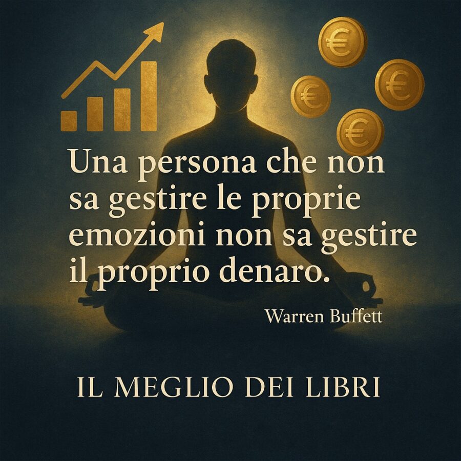 Rappresentazione artistica dell’equilibrio tra mente e denaro: figura meditativa circondata da monete dorate e grafici fluttuanti, simbolo di controllo interiore e intelligenza finanziaria, con la frase di Warren Buffett “Una persona che non sa gestire le proprie emozioni non sa gestire il proprio denaro.” – Il Meglio dei Libri
