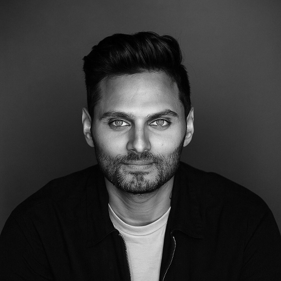 Ritratto in bianco e nero di Jay Shetty, autore e speaker motivazionale britannico, noto per le sue frasi sulla saggezza, la calma interiore e la crescita spirituale – Il Meglio dei Libri