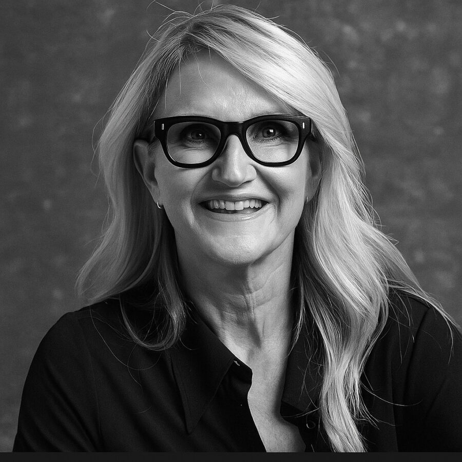 Ritratto in bianco e nero di Mel Robbins, autrice e speaker motivazionale statunitense, nota per le sue frasi su coraggio, autodisciplina e crescita personale – Il Meglio dei Libri