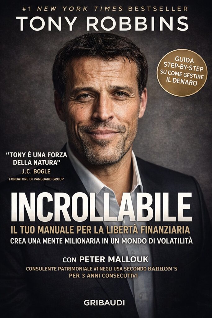 Ritratto della copertina del libro Incrollabile di Anthony Robbins e Peter Mallouk, manuale sulla libertà finanziaria, la gestione del rischio e la disciplina emotiva negli investimenti – Il Meglio dei Libri
