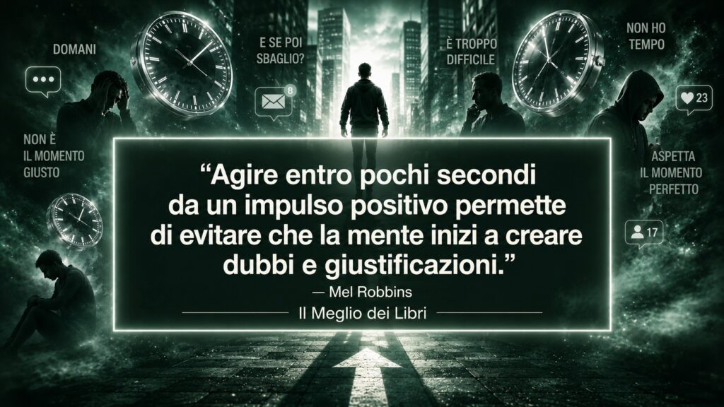 Ritratto simbolico ispirato a Mel Robbins con atmosfera psicologica e frase su azione immediata e procrastinazione.