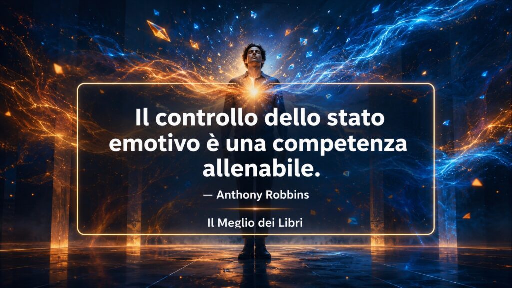 Ritratto simbolico ispirato a Anthony Robbins con atmosfera energetica e frase sul controllo emotivo e la crescita personale.