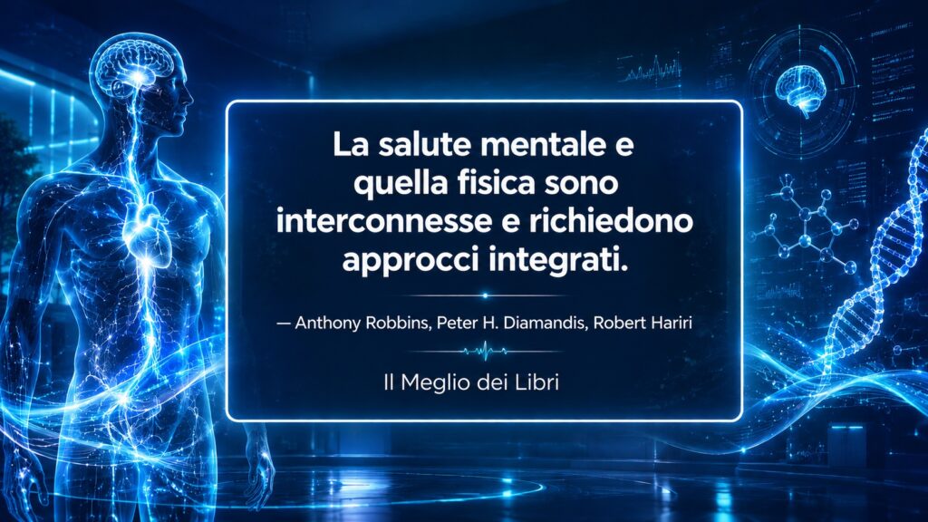 Ritratto simbolico ispirato a Anthony Robbins, Peter H. Diamandis e Robert Hariri con connessione tra mente, corpo e salute integrata.
