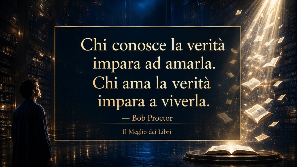 Ritratto simbolico ispirato a Bob Proctor con atmosfera spirituale e frase su verità, consapevolezza e trasformazione personale.