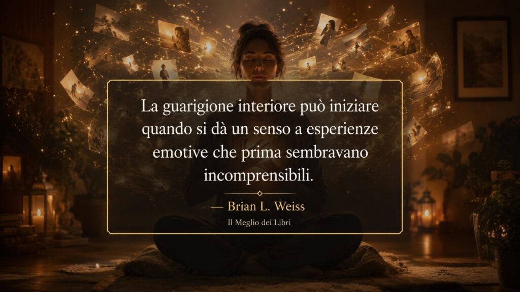 Ritratto simbolico ispirato a Brian Weiss con atmosfera introspettiva e frase sulla guarigione interiore e le emozioni profonde.