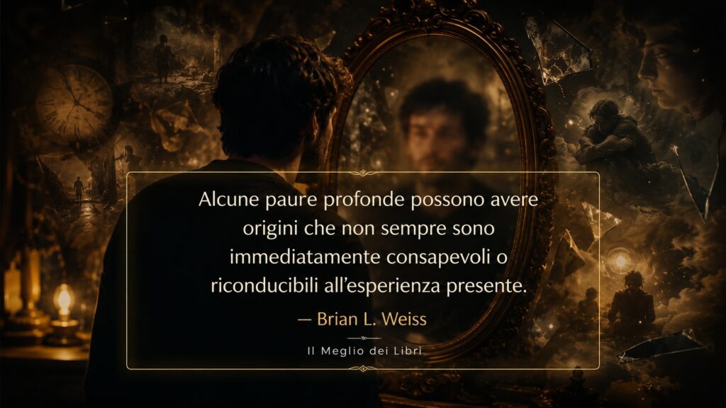 Ritratto simbolico ispirato a Brian Weiss con persona davanti allo specchio e atmosfera legata a paure profonde ed emozioni inconsce.