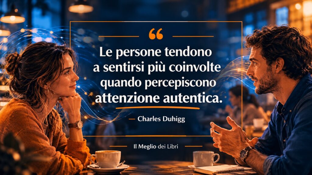 Ritratto simbolico ispirato a Charles Duhigg con scena di ascolto autentico e frase sulla comunicazione umana.