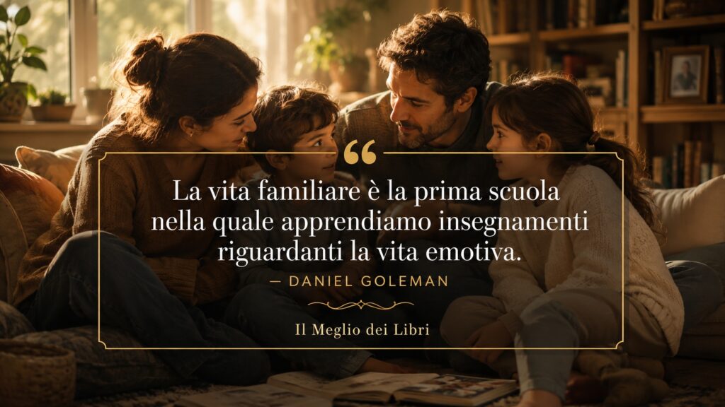 Ritratto simbolico ispirato a Daniel Goleman con famiglia riunita e frase sulla vita emotiva e l’educazione