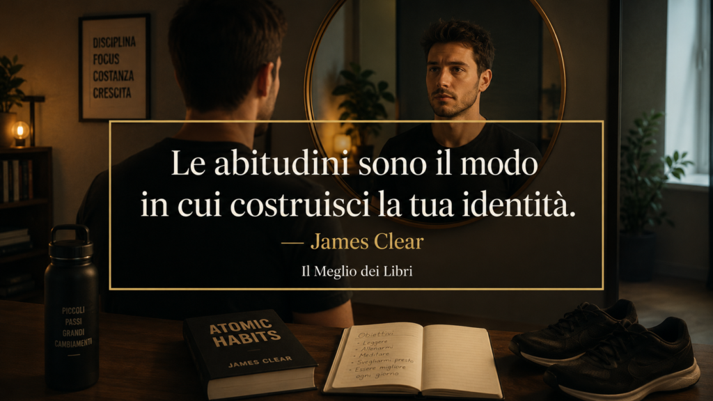 Ritratto simbolico motivazionale ispirato a James Clear con persona davanti allo specchio e frase sulle abitudini e l’identità.