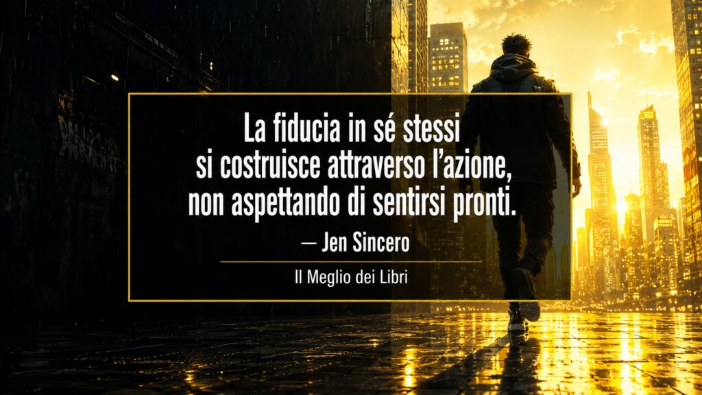 Ritratto simbolico ispirato a Jen Sincero con scena urbana cinematografica e frase sulla fiducia in sé stessi e il coraggio di agire.