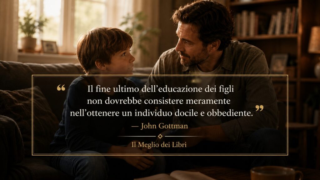 Ritratto simbolico ispirato a John Gottman con genitore che ascolta il figlio e frase sull’educazione emotiva.