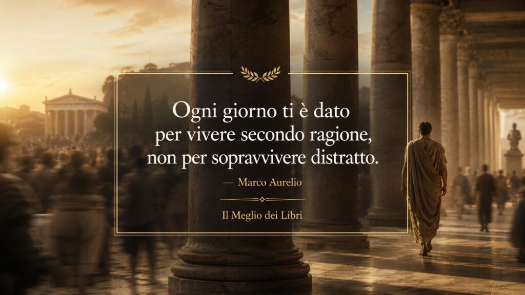 Ritratto simbolico ispirato a Marco Aurelio con atmosfera stoica e frase sulla consapevolezza e la presenza mentale.
