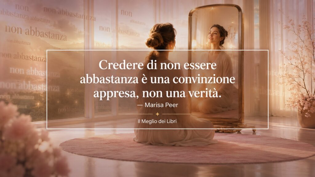 Ritratto simbolico ispirato a Marisa Peer con atmosfera di autostima e frase sulle convinzioni limitanti.