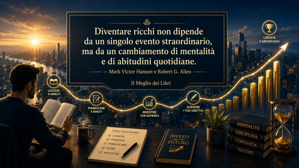 Ritratto simbolico motivazionale ispirato a Hansen e Allen con scena urbana e frase su mentalità, abitudini e ricchezza.