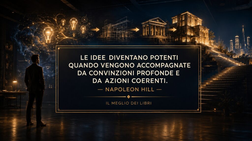 Ritratto simbolico ispirato a Napoleon Hill con idee luminose e frase su convinzioni profonde e azioni coerenti.