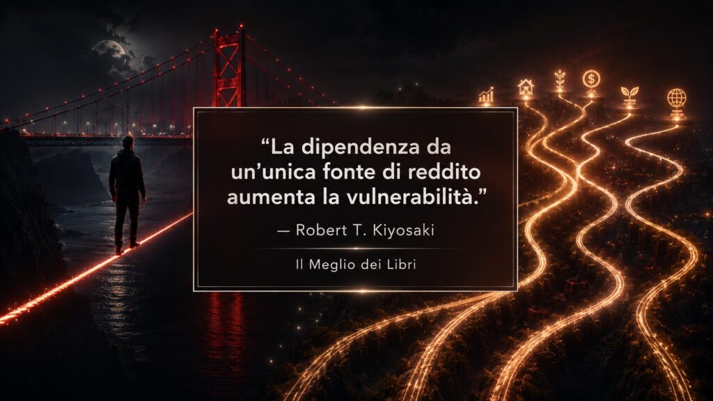 Ritratto simbolico ispirato a Robert Kiyosaki con scena finanziaria moderna e frase sulla vulnerabilità economica e le fonti di reddito.