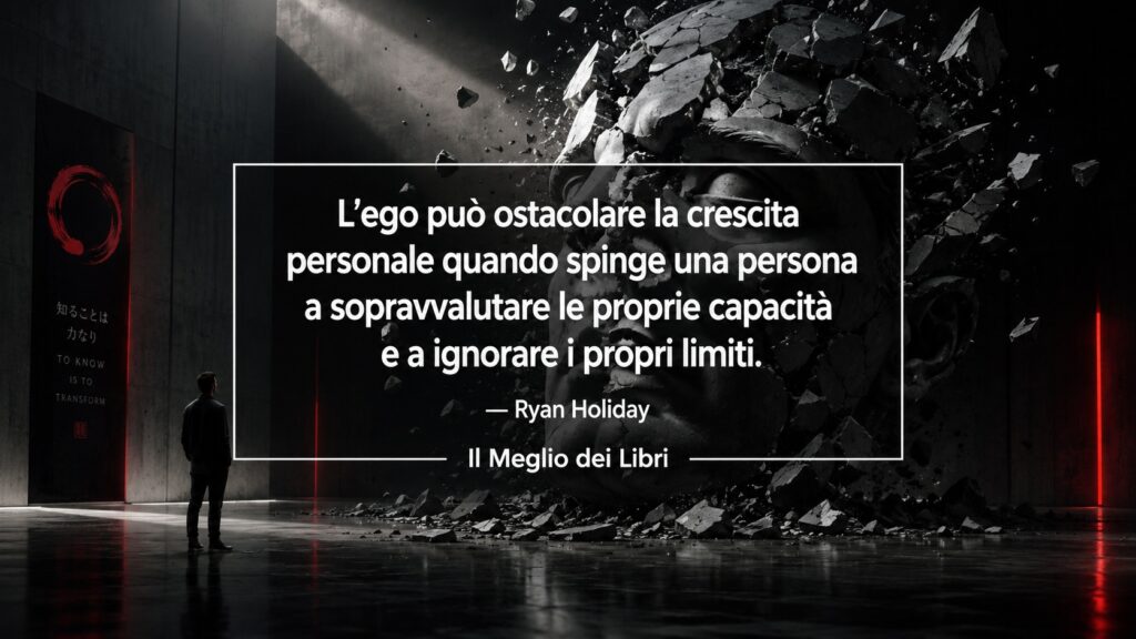 Ritratto simbolico ispirato a Ryan Holiday con statua frantumata e frase sull’ego e la crescita personale.