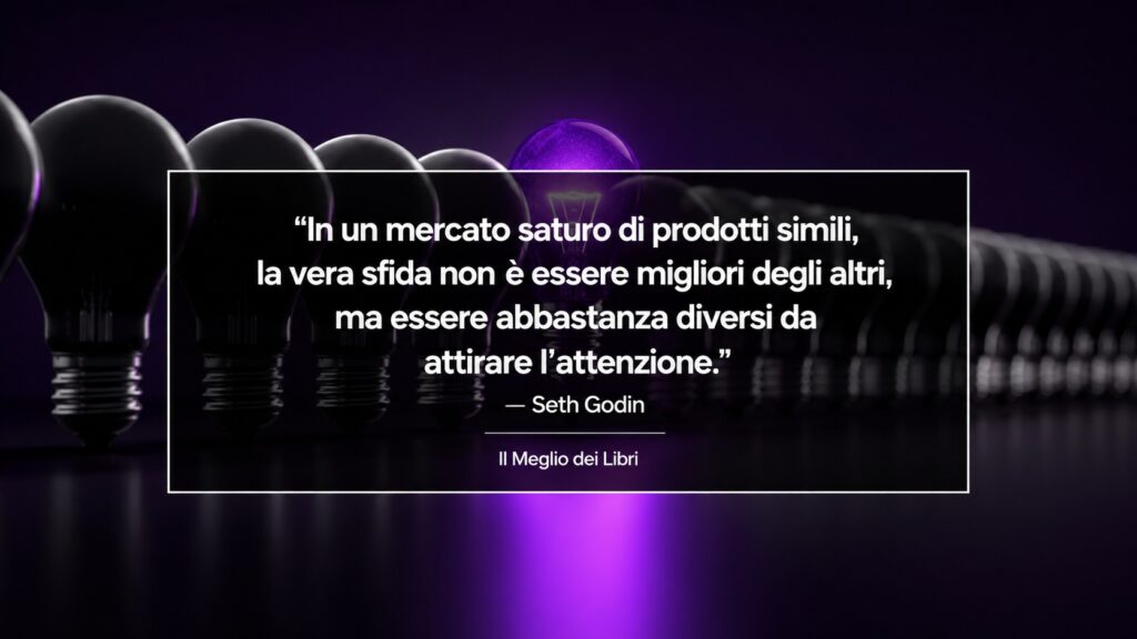 Ritratto simbolico ispirato a Seth Godin con elemento viola che si distingue e frase sulla differenziazione.
