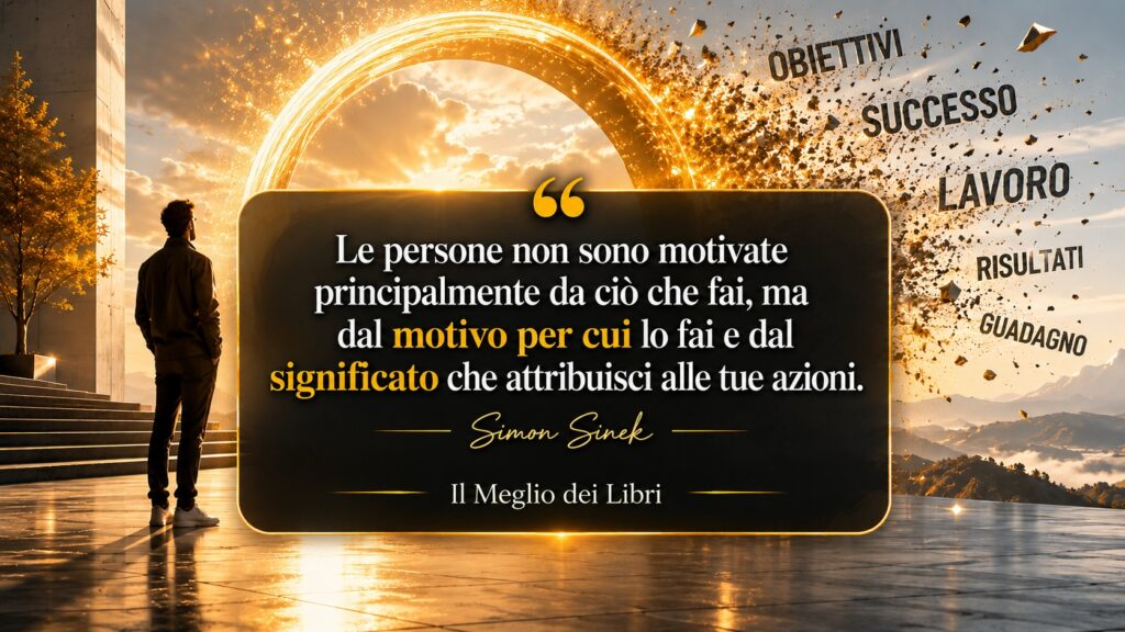 Ritratto simbolico ispirato a Simon Sinek con atmosfera moderna e frase su motivazione, significato e scopo personale.