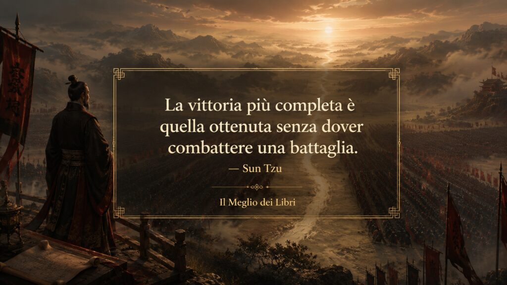 Ritratto simbolico ispirato a Sun Tzu con atmosfera strategica e frase sulla vittoria ottenuta senza combattere.