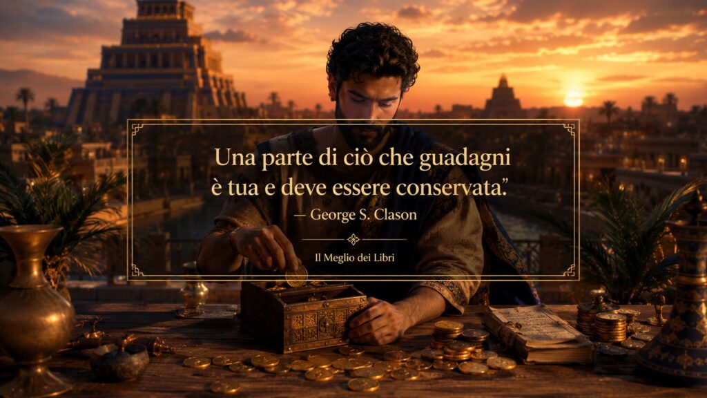 Ritratto simbolico ispirato a Babilonia con uomo che conserva monete, frase di George S. Clason sulla gestione del denaro e il risparmio.